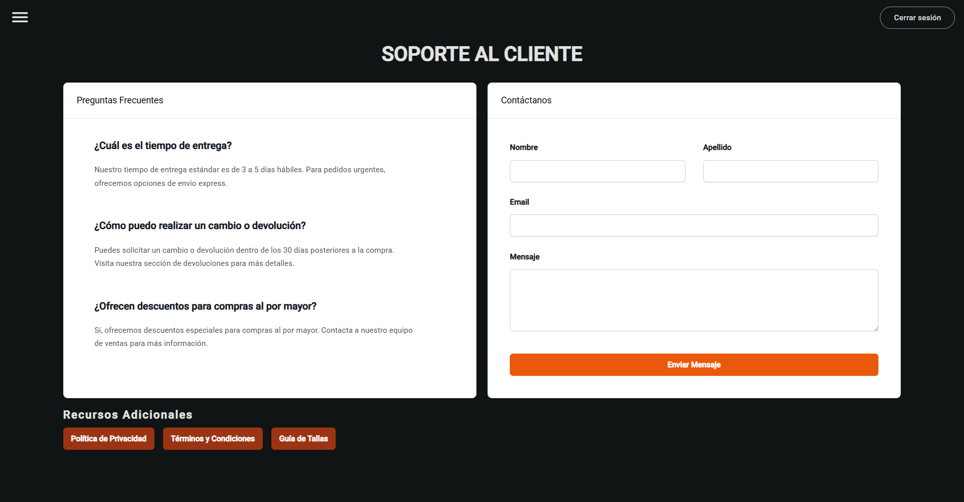 Página de soporte al cliente