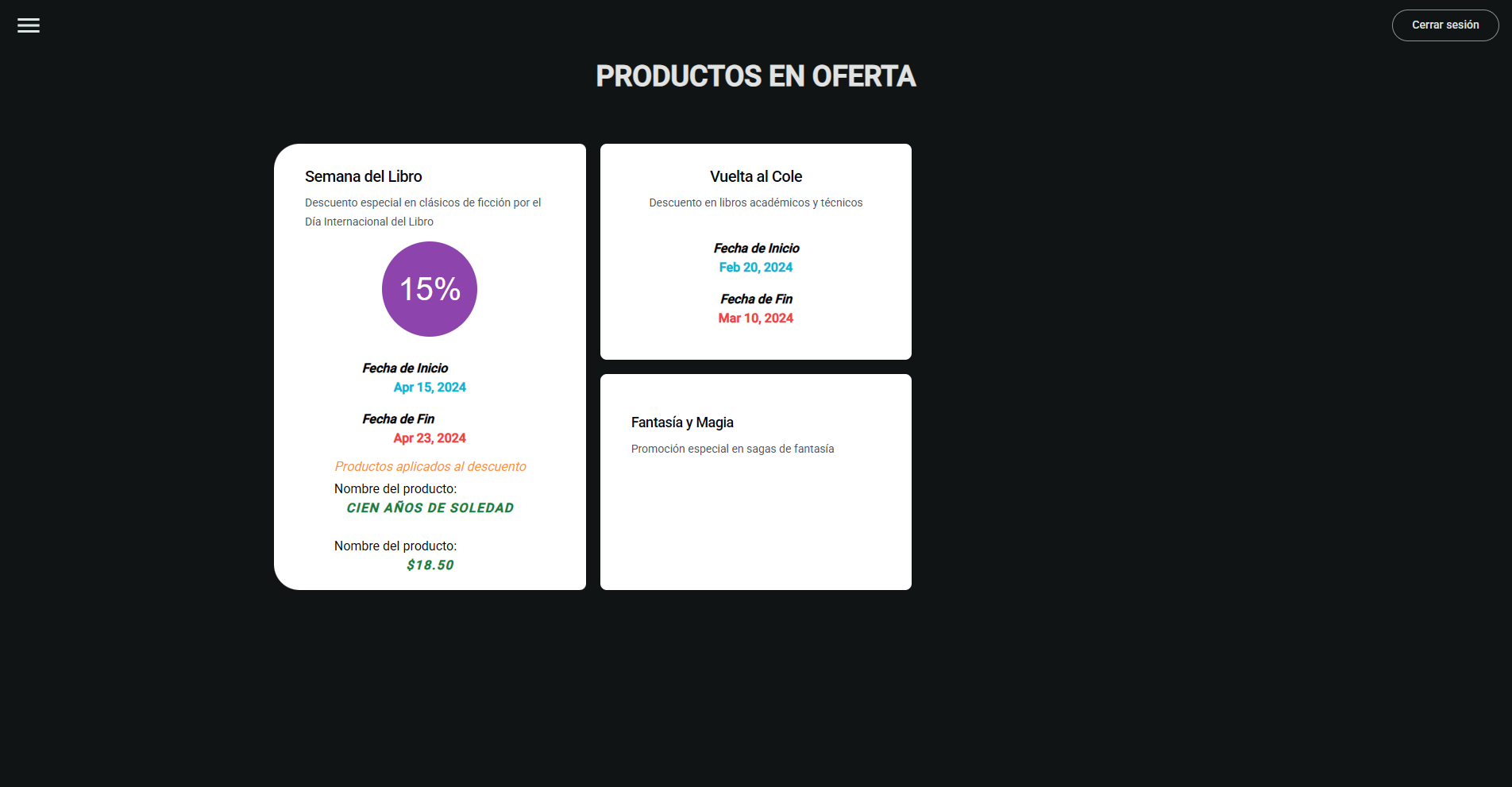 Página de productos en descuento