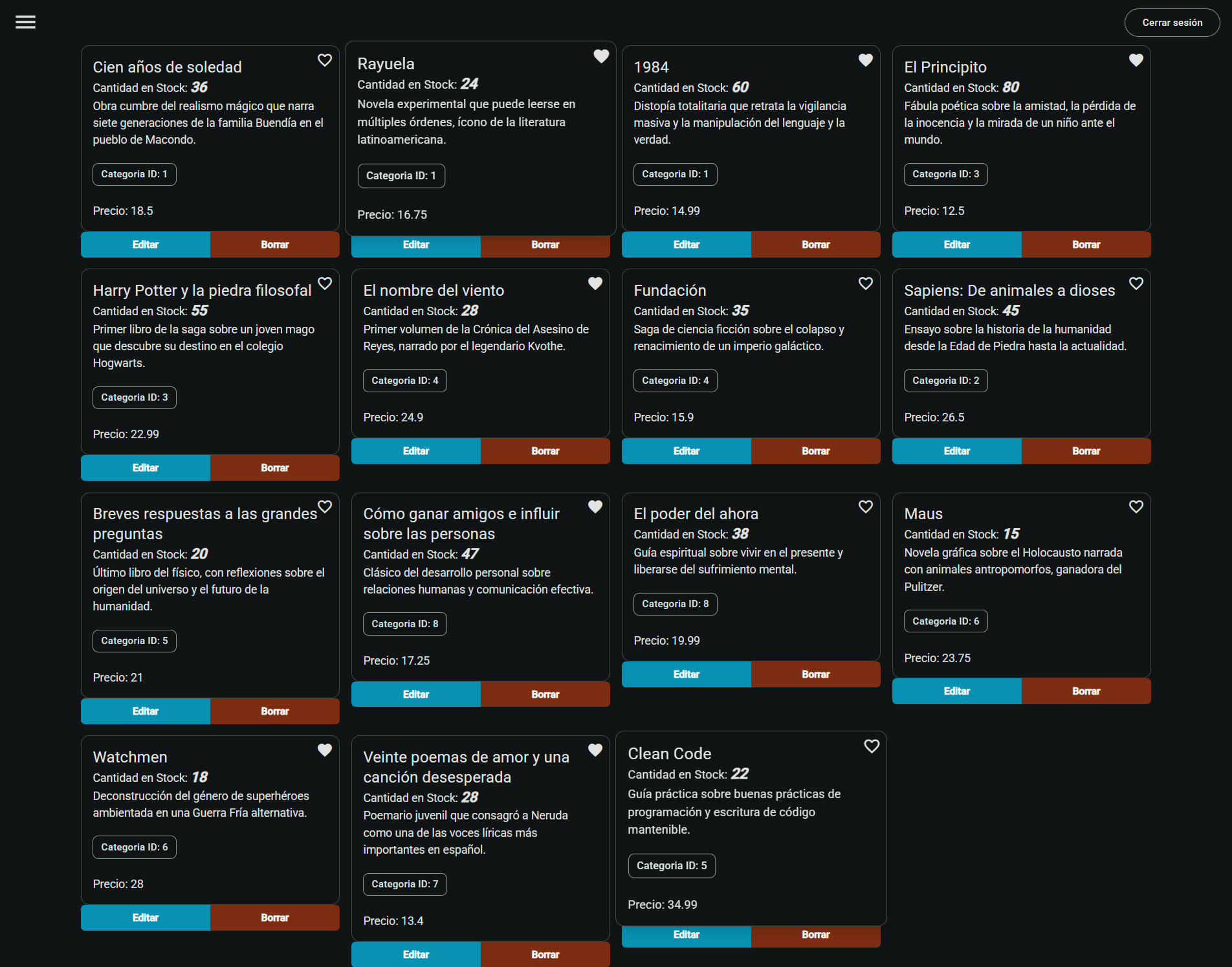 Página de gestión de productos