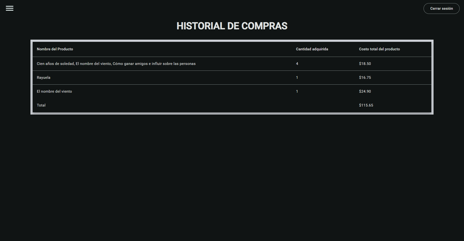 Página de historial de compras