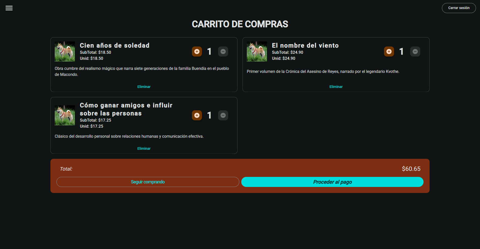 Página del carrito de compras