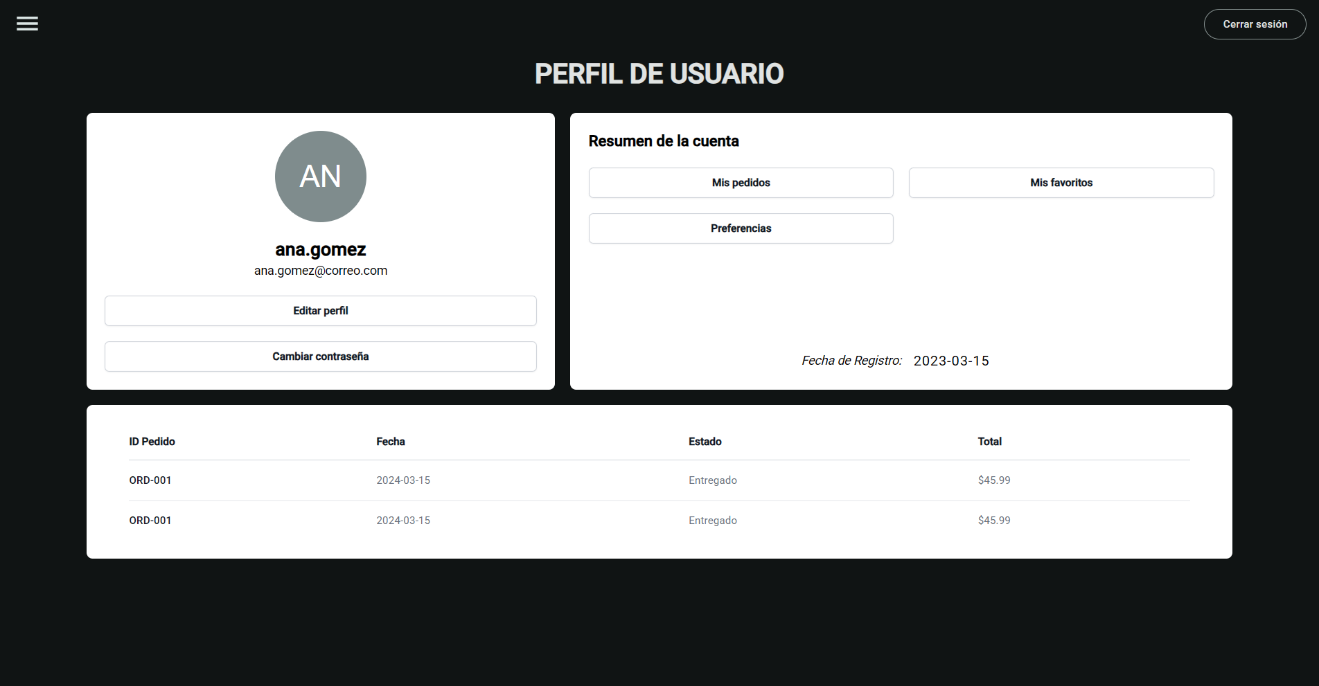 Página de perfil de usuario